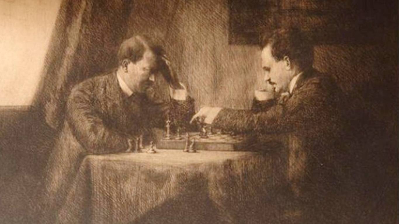 Игра в шахматы. Ленин с Гитлером. Офорт