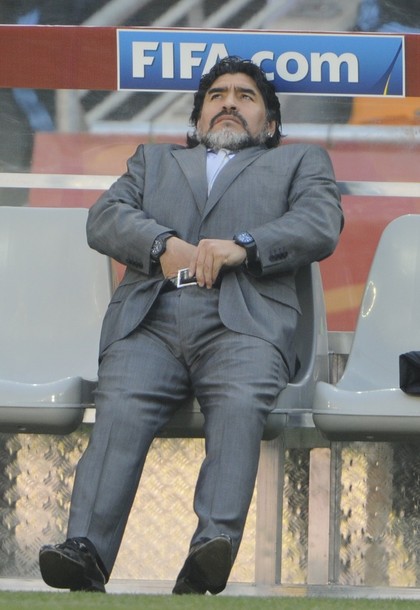 Argentina's coach Diego Maradona adjusts his trousers during their Group B first round 2010 World Cup football match on June 17, 2010 at Soccer City stadium in Soweto, suburban Johannesburg. NO PUSH TO MOBILE / MOBILE USE SOLELY WITHIN EDITORIAL ARTICLE - AFP PHOTO / GIANLUIGI GUERCIA (Photo credit should read GIANLUIGI GUERCIA/AFP/Getty Images)